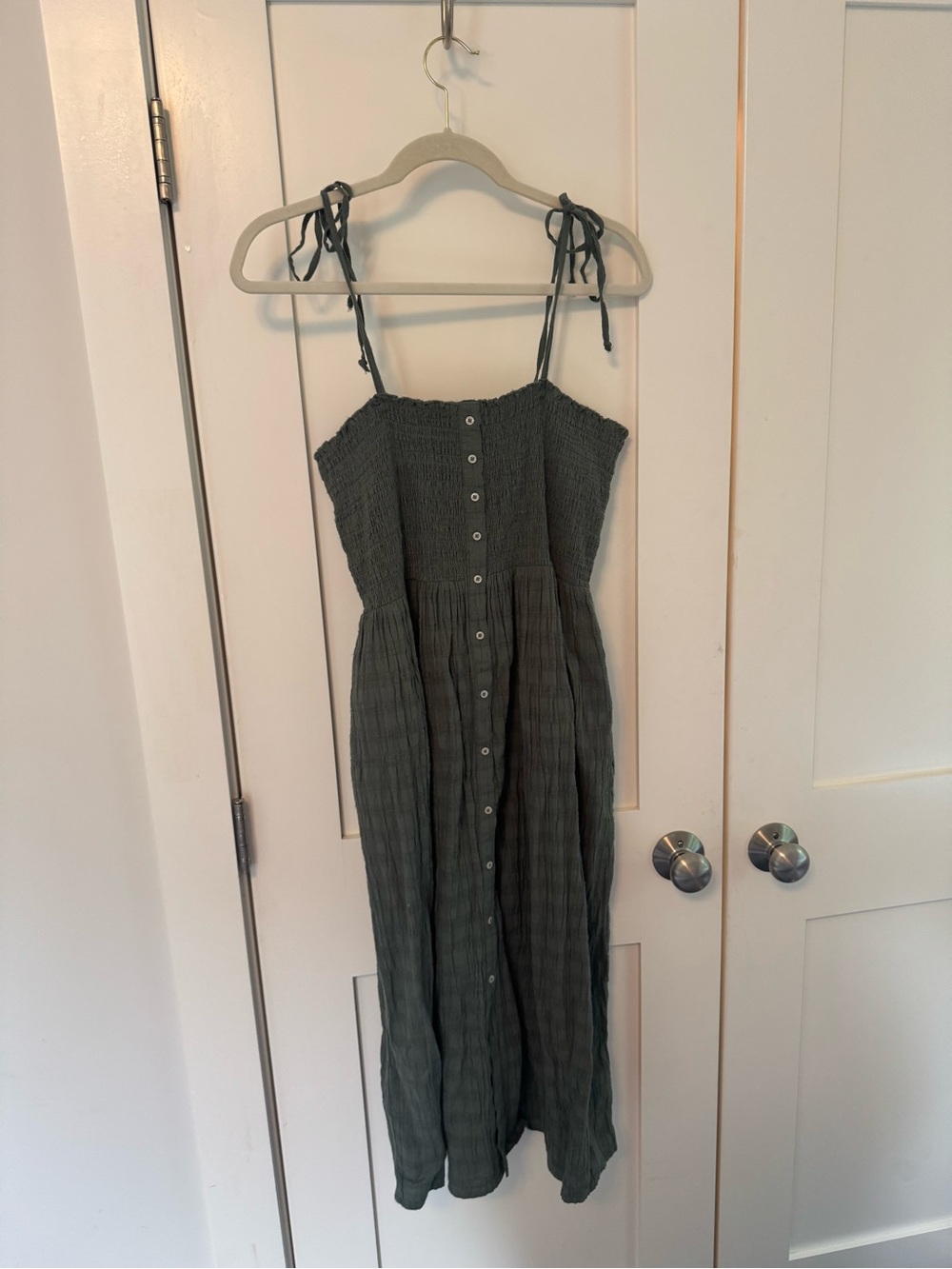 aerie Olive Green Button-Front Smocked Maxi Dress